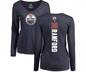 NHL Women Adidas Edmonton Oilers #30 Bill Ranford Navy Blue Backer Slim Fit Long Sleeve T-Shirt