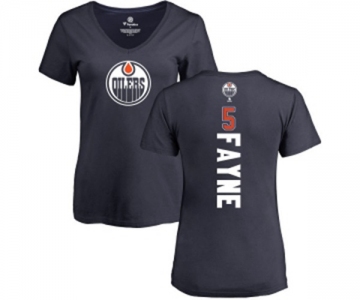 NHL Women Adidas Edmonton Oilers #5 Mark Fayne Navy Blue Backer Slim Fit V-Neck T-Shirt