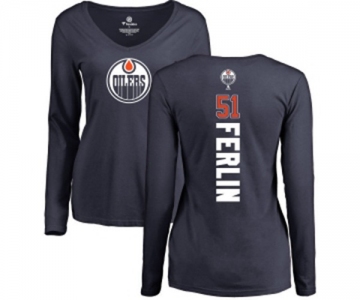 NHL Women Adidas Edmonton Oilers #51 Brian Ferlin Navy Blue Backer Slim Fit Long Sleeve T-Shirt