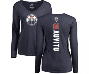 NHL Women Adidas Edmonton Oilers #81 Yohann Auvitu Navy Blue Backer Slim Fit Long Sleeve T-Shirt