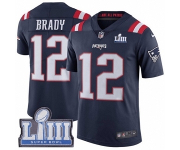 Men's Nike New England Patriots #12 Tom Brady Limited Navy Blue Rush Vapor Untouchable Super Bowl LIII Bound NFL Jersey