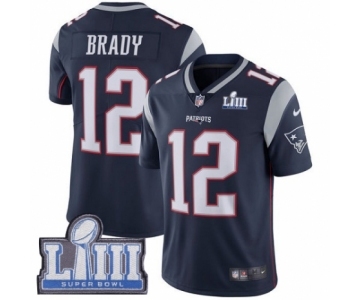 Men's Nike New England Patriots #12 Tom Brady Navy Blue Team Color Vapor Untouchable Limited Player Super Bowl LIII Bound NFL Jersey