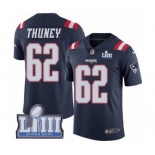 Men's Nike New England Patriots #62 Joe Thuney Limited Navy Blue Rush Vapor Untouchable Super Bowl LIII Bound NFL Jersey