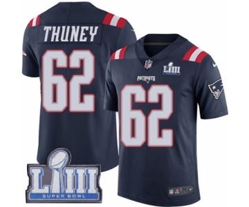 Men's Nike New England Patriots #62 Joe Thuney Limited Navy Blue Rush Vapor Untouchable Super Bowl LIII Bound NFL Jersey