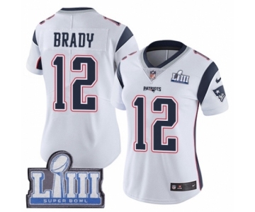 Women's Nike New England Patriots #12 Tom Brady White Vapor Untouchable Limited Player Super Bowl LIII Bound NFL Jersey