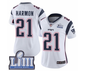 Women's Nike New England Patriots #21 Duron Harmon White Vapor Untouchable Limited Player Super Bowl LIII Bound NFL Jersey