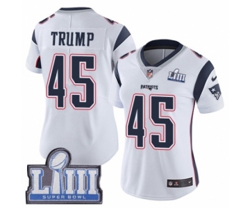 Women's Nike New England Patriots #45 Donald Trump White Vapor Untouchable Limited Player Super Bowl LIII Bound NFL Jersey