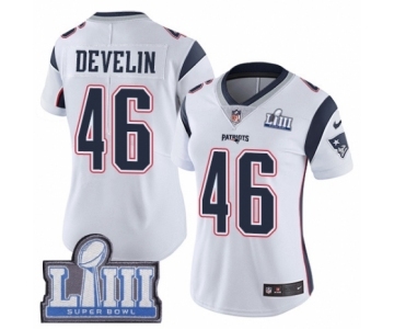 Women's Nike New England Patriots #46 James Develin White Vapor Untouchable Limited Player Super Bowl LIII Bound NFL Jersey