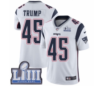 Youth Nike New England Patriots #45 Donald Trump White Vapor Untouchable Limited Player Super Bowl LIII Bound NFL Jersey