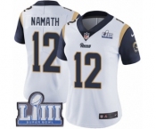 Women's Nike Los Angeles Rams #12 Joe Namath White Vapor Untouchable Limited Player Super Bowl LIII Bound NFL Jersey