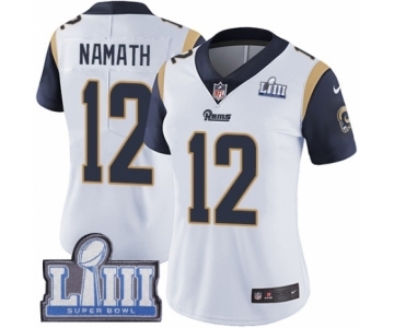 Women's Nike Los Angeles Rams #12 Joe Namath White Vapor Untouchable Limited Player Super Bowl LIII Bound NFL Jersey