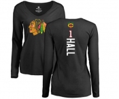 NHL Women Adidas Chicago Blackhawks #1 Glenn Hall Black Backer Long Sleeve T-Shirt