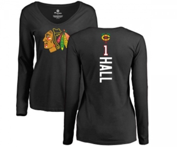 NHL Women Adidas Chicago Blackhawks #1 Glenn Hall Black Backer Long Sleeve T-Shirt