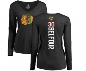 NHL Women Adidas Chicago Blackhawks #30 ED Belfour Black Backer Long Sleeve T-Shirt