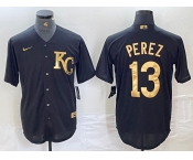 Men's Kansas City Royals #13 Salvador Perez Black Gold Cool Base Stitched Jersey