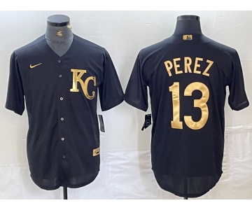 Men's Kansas City Royals #13 Salvador Perez Black Gold Cool Base Stitched Jersey