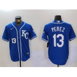 Men's Kansas City Royals #13 Salvador Perez Blue KC Cool Base Stitched Jersey