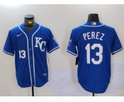 Men's Kansas City Royals #13 Salvador Perez Blue KC Cool Base Stitched Jersey