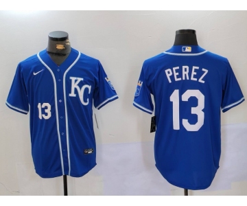 Men's Kansas City Royals #13 Salvador Perez Blue KC Cool Base Stitched Jersey