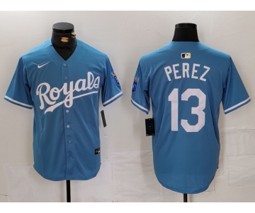 Men's Kansas City Royals #13 Salvador Perez Light Blue Cool Base Stitched Jersey