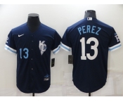 Men's Kansas City Royals #13 Salvador Perez Number 2022 Navy City Connect Cool Base Stitched Jersey