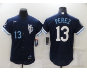 Men's Kansas City Royals #13 Salvador Perez Number 2022 Navy City Connect Flex Base Stitched MLB Jersey