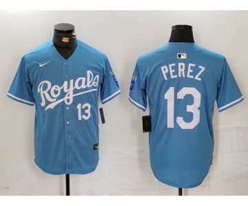 Men's Kansas City Royals #13 Salvador Perez Number Light Blue Cool Base Stitched Jersey