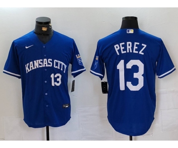 Men's Kansas City Royals #13 Salvador Perez Number Royal Cool Base Stitched Jersey