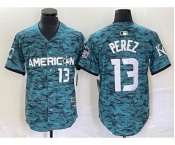 Men's Kansas City Royals #13 Salvador Perez Teal 2023 All Star Cool Base With Patch Stitched Baseball Jersey