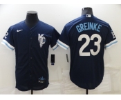 Men's Kansas City Royals #23 Zack Greinke 2022 Navy Blue City Connect Cool Base Stitched Jersey