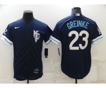 Men's Kansas City Royals #23 Zack Greinke 2022 Navy Blue City Connect Cool Base Stitched Jersey