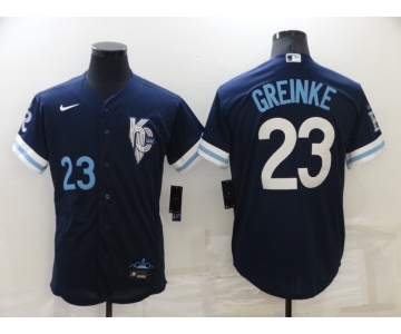 Men's Kansas City Royals #23 Zack Greinke Number 2022 Navy Blue City Connect Cool Base Stitched Jersey