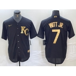 Men's Kansas City Royals #7 Bobby Witt Jr Black Gold Cool Base Stitched Jersey