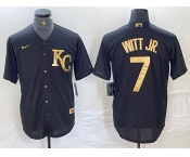 Men's Kansas City Royals #7 Bobby Witt Jr Black Gold Cool Base Stitched Jersey