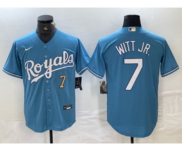 Men's Kansas City Royals #7 Bobby Witt Jr Number Light Blue Cool Base Stitched Jersey