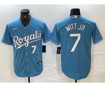 Men's Kansas City Royals #7 Bobby Witt Jr Number Light Blue Cool Base Stitched Jerseys