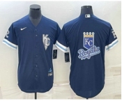 Men's Kansas City Royals Big Logo 2022 Navy Blue City Connect Cool Base Stitched Jersey