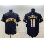 Men's Milwaukee Brewers #11 Jackson Chourio Black Gold With Home Patch Limited Stitched Baseball Jersey