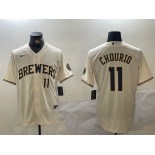 Men's Milwaukee Brewers #11 Jackson Chourio Number Cream Stitched Cool Base Nike Jersey