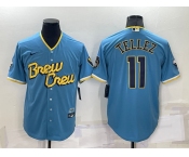 Men's Milwaukee Brewers #11 Rowdy Tellez Blue 2022 City Connect Cool Base Stitched Jersey