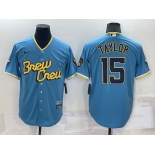 Men's Milwaukee Brewers #15 Tyrone Taylor Blue 2022 City Connect Cool Base Stitched Jersey