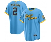 Men's Milwaukee Brewers #2 Brice Turang Blue 2022 City Connect Cool Base Stitched Jersey