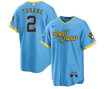 Men's Milwaukee Brewers #2 Brice Turang Blue 2022 City Connect Cool Base Stitched Jersey