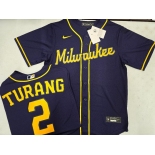 Men's Milwaukee Brewers #2 Brice Turang Navy Blue Stitched MLB Cool Base Nike Jersey