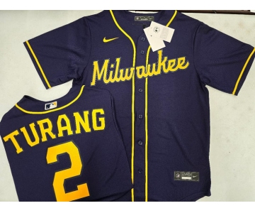 Men's Milwaukee Brewers #2 Brice Turang Navy Blue Stitched MLB Cool Base Nike Jersey