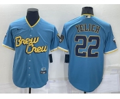 Men's Milwaukee Brewers #22 Christian Yelich Blue 2022 City Connect Cool Base Stitched Jersey