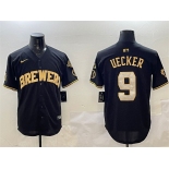 Men's Milwaukee Brewers #9 Bob Uecker Black Gold With Home Patch Limited Stitched Baseball Jersey