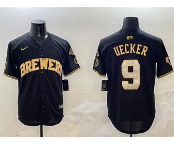 Men's Milwaukee Brewers #9 Bob Uecker Black Gold With Home Patch Limited Stitched Baseball Jersey