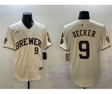 Men's Milwaukee Brewers #9 Bob Uecker Cream With Home Patch Limited Stitched Baseball Jersey