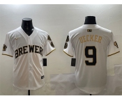 Men's Milwaukee Brewers #9 Bob Uecker White Gold With Home Patch Limited Stitched Baseball Jersey